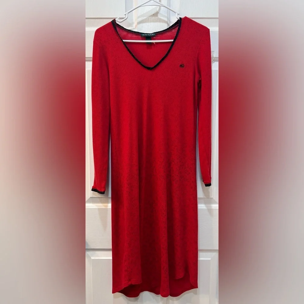 Vintage Lauren Ralph Lauren Red Wafle Knit Night Dress Size S Embroidered Logo